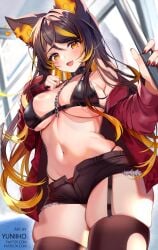 :d animal_ear_fluff animal_ears bangs bare_shoulders bikini black_bikini black_hair black_legwear black_nails black_shorts blonde_hair blurry blurry_background blush breasts brown_hair brown_legwear choker cleavage cowboy_shot depth_of_field female garter_straps highleg holding indie_virtual_youtuber jacket large_breasts long_hair looking_at_viewer multicolored_hair nail_polish navel oerba_yun_fang off_shoulder open_clothes open_fly open_jacket open_mouth panties red_nails short_shorts shorts sinder_(vtuber) skindentation smile solo standing stomach streaked_hair swimsuit thighhighs torn_clothes torn_legwear underboob underwear virtual_youtuber yellow_eyes