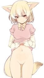 animal_ears blonde_hair bottomless bow bowtie brown_eyes commentary cowboy_shot female fennec_(kemono_friends) fox_ears fox_tail heart kemono_friends light_smile looking_at_viewer navel petite pussy shirt_lift short_hair simple_background sketch solo tail thigh_gap u_(nijie2768) uncensored white_background