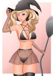 ann_takamaki atlus black_bra black_lingerie black_panties blonde_hair blue_eyes breasts broom female female_only persona persona_5 rrl0215 solo tagme witch witch_costume witch_hat