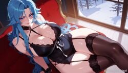 ai_generated azur_lane balecxi bare_shoulders black_thighhighs blue_eyes blue_hair blush cleavage closed_mouth collarbone crossed_legs female garter_straps large_breasts long_hair looking_at_viewer sitting smile solo sovetskaya_belorussiya_(azur_lane) sovetskaya_belorussiya_(relaxation_stratagem)_(azur_lane) thighs