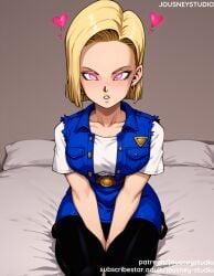 ai_generated android_18 bangs bed belt bent_knees black_legwear black_pantyhose blonde_hair blue_shirt blue_skirt blue_vest blush breasts closed_mouth clothing collared_shirt denim dragon_ball dragon_ball_super dragon_ball_z earrings english_text female female female_only footwear forehead glowing_eyes heart heart-shaped_pupils jewelry jousneystudio kneeling large_breasts legwear lips looking_at_viewer medium_breasts miniskirt on_bed pantyhose parted_lips pencil_skirt pillow pink_eyes purple_eyes red_eyes seiza shirt short_hair short_sleeves sitting skirt smile solo symbol-shaped_pupils thighs v_arms vest white_shirt