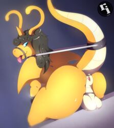 2017 anthro anus ass backsack balls big_butt black_hair blue_eyes bondage bound digital_media_(artwork) dragon dragonite hair hi_res looking_back luxuria male male_only muzzle_(object) muzzled nintendo perineum pokemon pokemon_(species) raised_tail scalie sitting solo tongue tongue_out video_games wings