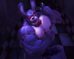 1boy animatronic anthro biceps big_muscles big_pecs big_penis bonnie_(fnaf) bow_tie cursedmarked erection five_nights_at_freddy's humanoid_penis lagomorph looking_at_viewer machine male male_only mammal muscular muscular_male nipples nude pecs penis purple_body purple_fur purple_penis rabbit red_eyes robot solo thick_penis video_games