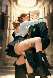 ai_generated blonde_hair_male blooboo carrying draco_malfoy gryffindor harry_potter hermione_granger hogwarts hogwarts_student novelai penetration school_uniform slytherin standing standing_sex student tagme vaginal_penetration