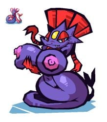 anthro apode areola big_breasts big_nipples breast_squish breasts draconcopode fangs female forehead_gem front_view fusion gem generation_3_pokemon generation_4_pokemon genitals glistening glistening_body grabbing_own_breast half-closed_eyes hands_behind_head huge_breasts huge_hips hybrid legless looking_at_viewer milotic narrowed_eyes navel nintendo nipples pokemon pokemon_(species) pokemon_fusion pupils purple_body pussy red_eyes sabs3 serpentine simple_background slit_pupils small_waist solo squish teeth wasp_waist weavile wide_hips