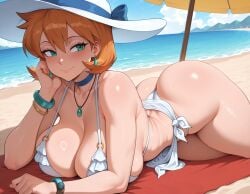ai_generated alternative_bust_size ass bangs bare_shoulders beach beach_towel beach_umbrella bikini blue_choker blue_sky blush bodily_fluids bracelet breasts choker clavicle cleavage closed_mouth clothing cloud curvaceous day earrings female female_only frilled_bikini frilled_swimsuit frills green_eyes hair_between_eyes hat hat_ribbon head_rest headwear huge_breasts jewelry kasumi_(pokemon) large_breasts looking_at_viewer lying misty_(pokemon_hgss) necklace ocean on_stomach orange_hair outdoors pokemon pokemon_character pokemon_gsc pokemon_hgss ribbon sand sarong shiny_skin short_hair sideboob sky smile solo sun_hat sweat swimsuit thick_thighs thighs thong thong_bikini thong_swimsuit towel umbrella water white_bikini white_headwear white_sarong white_swimsuit