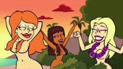 3_girls blonde_hair brown_hair completely_nude_female flower_necklace good_vibes hair_over_breasts nude_beach nude_female orange_hair