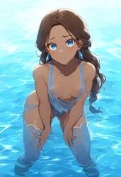 1girls avatar_legends avatar_the_last_airbender blooboo blue_eyes brown_hair cameltoe dark-skinned_female dark_skin katara see-through_clothing sheer sheer_clothing solo_female submissive submissive_female tagme water water_tribe