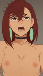 1girls ai ai_generated ayase_momo black_eyebrows breasts brown_eyes brown_hair dandadan earrings female female_only grey_background looking_at_viewer naked naked_female nipples nude nude_female open_mouth quinzo11 self_upload tongue