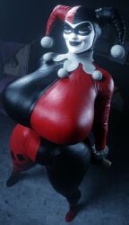 batman_(series) dc_comics drakepowers harley_quinn harley_quinn_(classic) holding_weapon huge_ass huge_breasts huge_hips looking_at_viewer smile