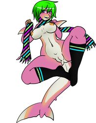 2011 anthro arm_fins biped black_legwear black_socks breasts chalce clothing demonnyuu digital_media_(artwork) female feuerfrei fin fish front_view full-length_portrait green_hair hair legwear long_tail looking_at_viewer marine mostly_nude multicolored_skin multicolored_tail navel nipples orange_nipples pink_skin pink_tail portrait purple_eyes pussy scarf shark short_hair simple_background socks solo tail_fin white_background white_skin white_tail