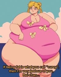 1girls beach belly big_belly big_breasts bishoujo_senshi_sailor_moon blonde_hair blue_eyes breasts cleavage cookies-cat female female_only obese one-piece_swimsuit outdoors swimsuit tagme thick_thighs thunder_thighs twintails usagi_tsukino wide_hips yellow_hair