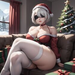 ai_generated big_breasts blindfold choker christmas christmas_outfit christmas_tree cleavage eogard_orc gift huge_ass living_room merry_christmas nier:_automata santa_hat self_upload sitting sitting_on_couch snowing stable_diffusion thick_thighs white_hair white_stockings yorha_2b