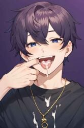 1boy aftermath ai_generated blue_eyes boy cum cum_drip cum_in_mouth cum_on_body cum_on_breasts cumshot facial femboy gay shxtou sissy submissive submissive_male teeth teeth_showing violet_hair virtual_youtuber