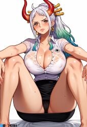 ai_generated alluring aqua_hair ass big_ass big_breasts blue_hair blush breasts earring earrings female female_only green_hair long_hair looking_at_viewer multicolored_hair office office_lady office_lady_outfit one_piece oni oni_femaleseduction oni_horns open_shirt orange_eyes pencil_skirt revealing_clothes seductive seductive_body seductive_eyes teasing unbuttoned unbuttoned_shirt white_hair white_shirt yamato yamato_(one_piece) z4zt3l4