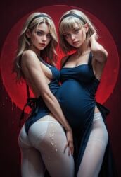 2girls ai_generated apron arborgold blonde_hair blue_dress blue_eyes cum cum_on_body cum_on_pantyhose cum_on_thighs hairband hand_on_hip incest long_hair looking_at_viewer medium_breasts medium_hair pantyhose posing pregnant pregnant_female sisters yuri