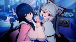 2futas 2girls 2girls2futas @_@ black_hair clothed clothed_female clothed_futanari cum double_paizuri fujiwara_no_mokou holding_hands kaguya_houraisan large_ass large_breasts large_penis light-skinned_female light-skinned_futanari long_hair looking_at_genitalia looking_at_partner looking_at_penis looking_at_viewer open_mouth open_shirt paizuri penis red_eyes reisen_udongein_inaba sanae_kochiya smile symmetrical_docking threesome touhou touhou_weird_storage white_hair yuri