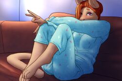 androidz anthro blush breasts bulge clothed clothing domestic_cat felid feline felis gesture hair hand_gesture herm hi_res intersex lydia_(androidz) mammal pajama_pants pajama_shirt pajamas simple_background solo v_sign