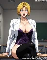 ai_generated bangs bible_black black_clothes black_legwear black_thighhighs blonde_hair blue_eyes blush bra breasts chair chalkboard classroom cleavage clothing coat collared_shirt covered_navel cross crossed_legs curvaceous desk earrings english_text female female female_only glowing_eyes huge_breasts hypnosis indoors jacket jewelry jousneystudio kitami_reika labcoat large_breasts legwear lips lipstick long_sleeves looking_at_viewer makeup mature mature_female mind_control office office_lady on_desk open_clothes open_coat open_shirt parted_bangs parted_lips pencil_skirt pink_lips red_lips school_desk shiny_clothes shirt short_hair sitting sitting_on_desk skirt solo thick_thighs thighhighs thighs underwear white_shirt window