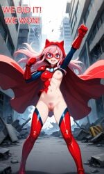 adult after_battle ai_generated blue_eyes breast_exposed breasts_out cape cat_hood destroyed_city destroyed_clothing destroyed_herosuit eye_mask hairy_pussy hero_suit heroine innie_pussy lonelylady one_breast_out original pink_hair pussy_exposed red_cape red_herosuit red_hood red_outfit