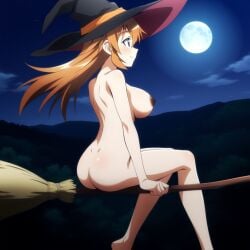 1girls ai_generated ass broom charlotte_e._yeager dark_nipples flying forest large_breasts looking_to_the_side moon nature night nipples novelai nude orange_hair outdoors sitting solo standing strike_witches witch_hat world_witches_series