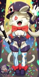 amelia_(bloons_tower_defense) amelia_the_amazing anthro bikini bikini_top bloons_tower_defense bow_tie breasts clothed female female_only goatboydraws happy magician magician_hat monkey monkey_girl open_mouth primate red_eyes smile smiling teeth top_hat wand waving white_fur