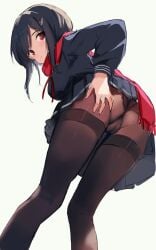 ass ass_focus black_hair black_skirt blush cameltoe hair_ornament hamiro hand_on_own_ass highres looking_at_viewer looking_back looking_down miniskirt mole mole_under_mouth panties pantyhose personification red_eyes red_ribbon red_scarf ribbon sayo_samonji_(tenka_hyakken) scarf school_uniform skirt swept_bangs tenka_hyakken underwear