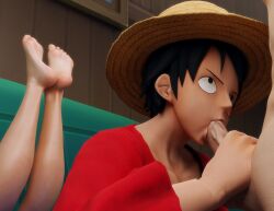 2boys 3d barefoot blowjob feet gay looking_up male male_only monkey_d_luffy mrgtsfloop one_piece soles the_pose