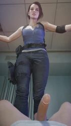 1boy 1girls 3d animated brown_hair cbt clothed cock_and_ball_torture erection female femdom holster jeans jill_valentine jill_valentine_(sasha_zotova) kicking kicking_balls male malesub necklace penis pov resident_evil resident_evil_3_remake short_hair sound straight video yellowbea