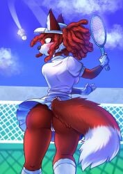 absurd_res anthro anus ass badminton badminton_racket blush bottomwear canid canine clothed clothing digital_media_(artwork) ear_piercing ear_ring female fingers footwear fox fur genitals gloves hair handwear hat headgear headwear hi_res holding_object kastoluza mammal no_underwear piercing playing_sport pussy racket raised_bottomwear raised_clothing raised_skirt rear_view ring_piercing shirt skirt socks solo sport standing tail topwear