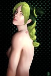 arms back billie_eilish black_background cosplay drawing green_eyes green_hair hair hair_ornament joestar_birthmark jojo's_bizarre_adventure jolyne_kujo lips looking_at_viewer new_epic_artist nipples nude nude_female pale-skinned_female pale_skin ponytail portrait realistic realistic_proportions shoulders side_view sideboob stone_ocean tilted_head