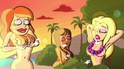 3_girls arms_up_over_head blonde_hair brown_hair bushes completely_nude_female eyes_closed flower_necklace good_vibes hair_over_breasts holding_breast nude_beach nude_female orange_hair palm_tree sunset