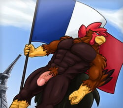 1boy 2017 abs anthro avian balls beak biceps big_penis bird chest_tuft chicken circumcised cloud corrsk day digital_media_(artwork) eiffel_tower feathers flag humanoid_penis male male_only muscular muscular_male navel nude outside pecs penis pubes sky solo standing thick_penis tuft