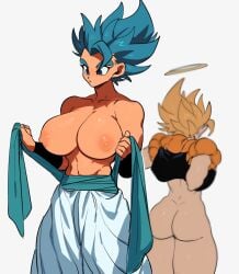 areolae big_ass big_breasts blonde_hair blue_eyes blue_hair bottomless corelessmoter female_gogeta female_vegito gogeta halo huge_breasts large_breasts nipples rule_63 topless vegito vegito_blue yellow_hair