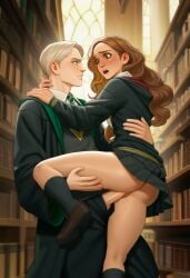 1boy1girl ai_generated blonde_hair_male blooboo blush brown_hair carrying carrying_partner draco_malfoy erect_penis fluids gryffindor gryffindor_tie harry_potter hermione_granger hogwarts hogwarts_school_uniform hogwarts_student library library_sex novelai penetration school school_uniform schoolboy schoolboy_uniform schoolgirl schoolgirl_uniform slytherin slytherin_tie standing standing_sex straight student tagme vaginal_penetration witch wizard wizard_robe