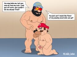 2boys angry balls beard biceps black_hair blowjob blue_hat dialogue duo erection facial_hair fellatio foreman_spike furaffinity gay genitals glasses hat human human_only kneeling light-skinned_male light_skin lokito_lukoa male male/male male_focus male_nipples mammal mario_(series) mature mature_male mature_man moustache nintendo nipples nude nude_male oral oral_sex penis penis_in_mouth pubic_hair red_hat standing sunglasses super_mario_bros._(2023_film) text text_bubble yaoi