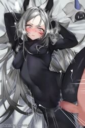 1boy animal_ears arms_up bangs black_bodysuit black_hair blush bodysuit breasts breath censored clothed_sex covered_navel covered_nipples cum cum_in_pussy dya_rikku_(vtuber) female fur_trim grey_eyes grey_hair heart long_hair looking_at_viewer lying mosaic_censoring navel on_back open_mouth penis pussy silver_hair skin_tight solo_focus spread_legs straight twitter_username vyugen