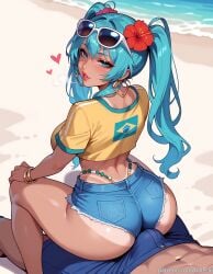 1boy ai_generated ass balecxi beach blue_hair bracelet brazilian_miku breasts bulge buttjob crop_top denim denim_shorts erection erection_under_clothes eyewear_on_head female from_behind hair_flower hair_ornament hatsune_miku heart hoop_earrings jewelry lips long_hair looking_at_viewer looking_back patreon_username shorts sitting_on_person straight sunglasses tan tanlines twintails vocaloid web_address