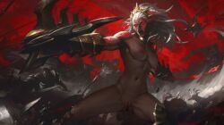 ambessa ambessa_(league_of_legends) ambessa_medarda arcane bald_pussy black_body black_female black_woman chosen_of_the_wolf_ambessa chosen_of_the_wolf_ambessa_medarda chosen_of_the_wolf_series league_of_legends mature_female mature_woman muscular muscular_female muscular_woman red_eyes riot_games shaved_pussy warrior warrior_woman white_hair