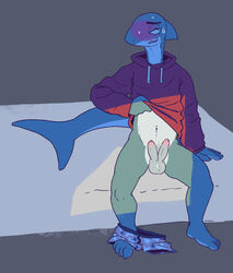 1boy anthro balls bed blush bottomless clothed clothing clothing_lift diphallia diphallism erection fish foreskin hi_res humanoid_penis looking_away male male_only marine multi_penis nervous on_bed penis serex shark sharky_(serex) shirt shirt_lift simple_background sitting solo sweatshirt uncut underwear