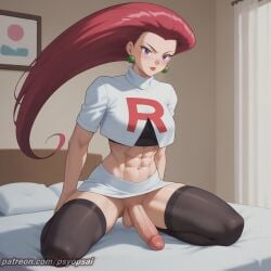 1futa abs ai_generated artist_name big_penis clothing colored curvy digital_media_(artwork) erection front_view futa_only futanari jessie_(pokemon) muscles pokemon psyopsai solo solo_focus team_rocket uncensored watermark