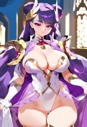 2d ai_generated big_breasts double_bun female female_focus female_only gloves hair_bun hair_ornament indoors leotard long_hair mana_(series) palamena_(visions_of_mana) purple_hair solo solo_female solo_focus tagme