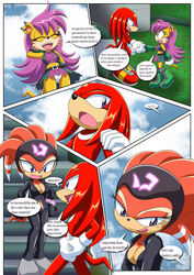 anthro boob_window eyelids eyes_closed furry knuckles_the_echidna latex mina_mongoose mobius_unleashed palcomix panties pantyshot purple_hair purple_skirt shade_the_echidna sonic_(series) spanish_text translated two_tone_clothing two_tone_skirt upskirt white_panties