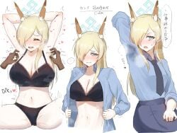 armpit_play armpit_sweat armpits big_breasts black_bra black_panties blonde_female blonde_hair blue_archive blush blushing blushing_female bra cdim floating_hands floating_hearts furry_ears kanna_(blue_archive) magic_hands necktie sweating sweaty tickle tickle_fetish tickling tickling_armpits