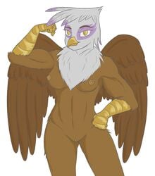 2015 anthro avian beak biceps breasts chest_tuft clitoris eye_markings feathered_wings feathers female flexing friendship_is_magic gilda_(mlp) gryphon half-closed_eyes hand_on_hip highlights looking_at_viewer markings muscular muscular_female my_little_pony nipples nude purple_highlights pussy simple_background smile smirk solo standing talons tggeko tuft white_background wings yellow_eyes