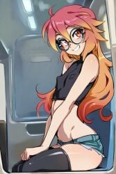 1girls ai_generated black_thighhighs crop_top denim denim_shorts female flat_chest from_side glasses gradient_hair long_hair microshorts nipple_slip orange_hair peach_hair round_glasses side_view sitting skin_tight sleeveless smile solo tank_top teeth thighhighs tight_clothing tiny_breasts tomboy zorkpics