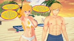 1boy 1girls 3d arm_behind_head armpits arrancon beach big_breasts blonde_female blonde_hair blue_eyes busty cleavage denim_shorts dialogue female half-dressed half_naked half_naked_female half_naked_male jaune_arc legs long_hair long_hair_female looking_over_eyewear looking_over_sunglasses navel ocean open_mouth ponytail purple_eyes robotic_arm rwby smile sunglasses talking teeth thighs thong_bikini tinted_eyewear toned tongue voluptuous whale_tail yang_xiao_long