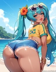 ai_generated aqua_hair ass balecxi beach bracelet brazilian_miku crop_top day denim denim_shorts earrings eyewear_on_head female from_behind hair_flower hair_ornament hatsune_miku jewelry large_breasts leaning_forward lips long_hair looking_at_viewer looking_back outdoors patreon_username shiny_skin shirt short_shorts solo sunglasses tan tanlines thighs twintails vocaloid web_address