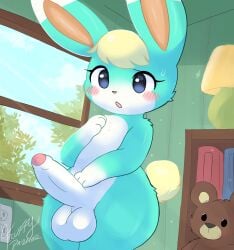 animal_crossing anthro ass balls blush fluffydasher genitals hi_res lagomorph leporid male mammal nintendo penis plushie rabbit sasha_(animal_crossing) solo teddy_bear