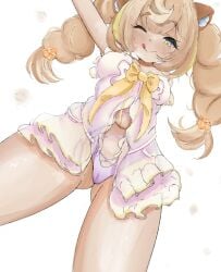 1girls :p aguni blonde_hair daisy_dandelion green_eyes idol-en idol_corp looking_at_viewer pussy_juice solo virtual_youtuber wet_pussy